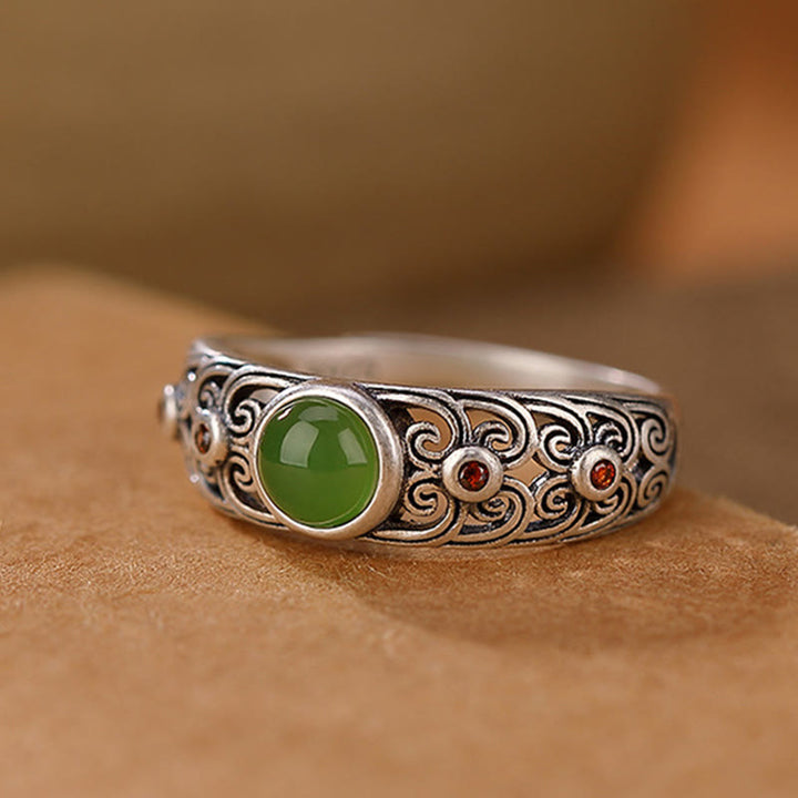 Anello regolabile in argento sterling 925 Buddha Stones e giada ciano Hetian Harmony