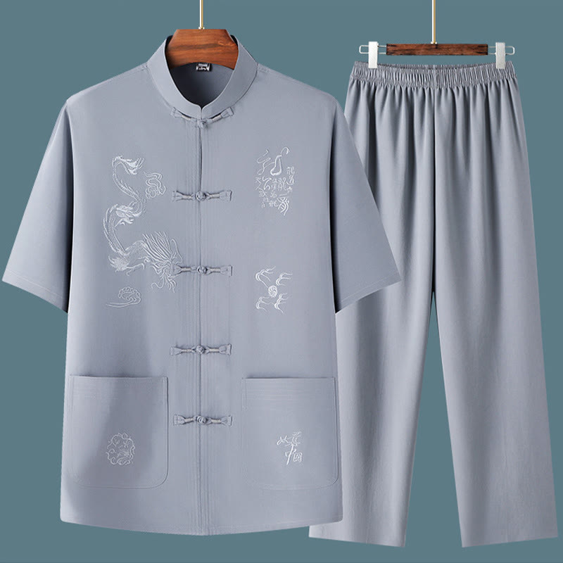 Buddha Stones Tang Suit Hanfu Drago Cinese Tradizionale Kung Fu Uniforme Manica Corta Top e Pantaloni Abbigliamento Uomo Set