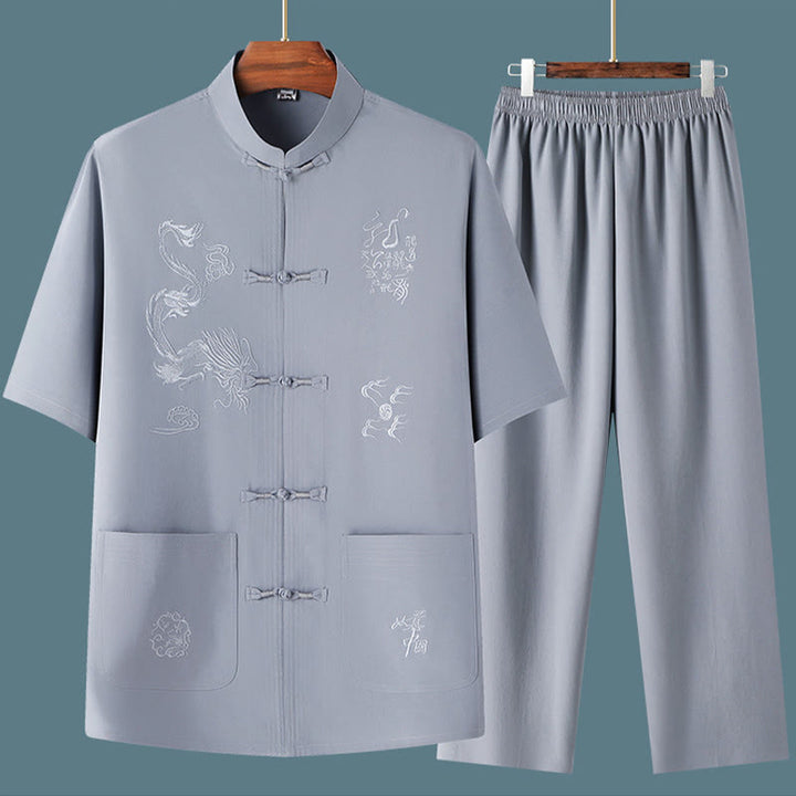 Buddha Stones Tang Suit Hanfu Drago Cinese Tradizionale Kung Fu Uniforme Manica Corta Top e Pantaloni Abbigliamento Uomo Set
