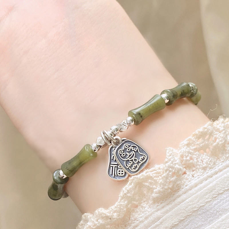 Bracciale Buddha Stones 925 Sterling Silver Bamboo Jade Lucky Cat Fu Character Luck Abundance