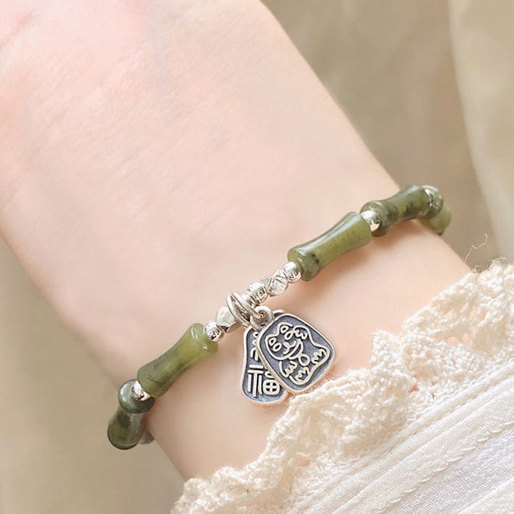 Bracciale Buddha Stones 925 Sterling Silver Bamboo Jade Lucky Cat Fu Character Luck Abundance