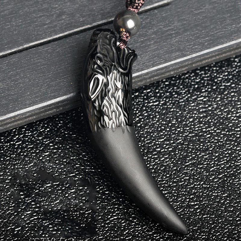 Buddha Stones Collana con ciondolo in ossidiana nera naturale, ossidiana di ghiaccio, ossidiana arcobaleno con motivo a dente di lupo e forza. - image 5