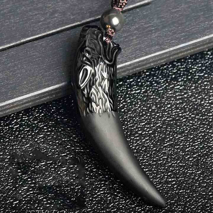 Buddha Stones Collana con ciondolo in ossidiana nera naturale, ossidiana di ghiaccio, ossidiana arcobaleno con motivo a dente di lupo e forza. - image 5