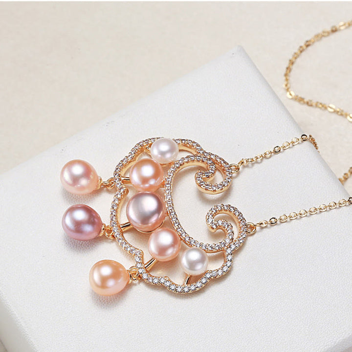 Collana con ciondolo con lucchetto cinese in perle naturali placcate in oro 18 carati, motivo : Buddha Stones