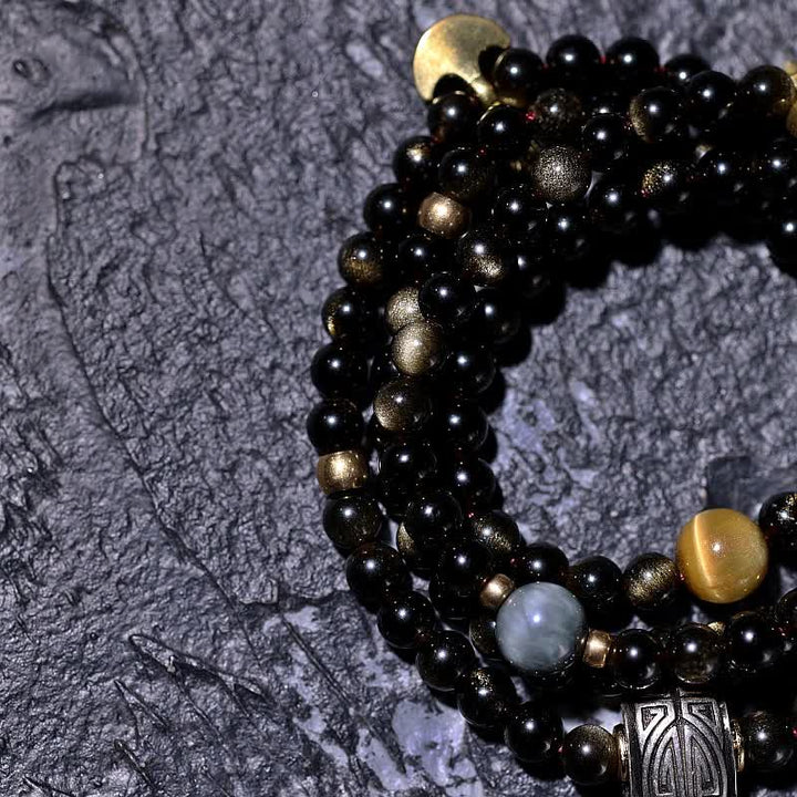 Buddha Stones 108 Mala Beads Oro Lucente Ossidiana Occhio di Tigre Pietra Occhio d'Aquila Bracciale della Ricchezza
