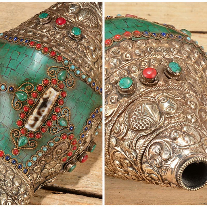 Decorazione positiva della ricchezza della conchiglia del Buddha Shankha Double Dorje incisa a mano tibetana