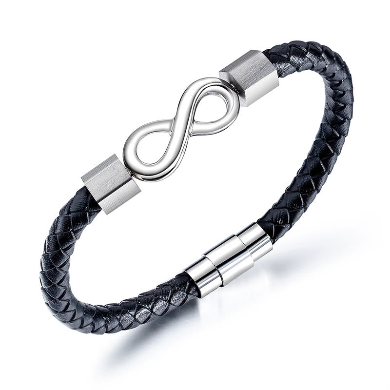 Bracciale Buddha Stones Endless Knot in acciaio al titanio con intreccio in pelle e bilanciamento