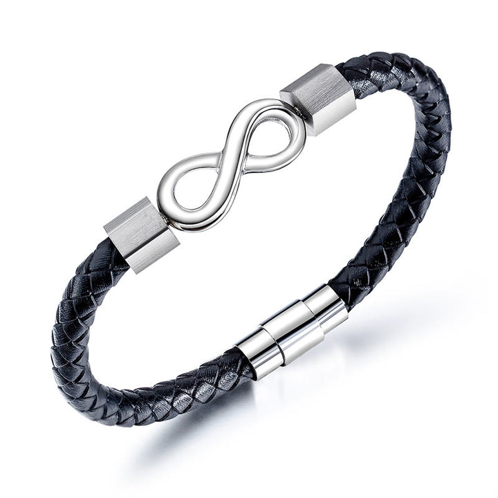 Bracciale Buddha Stones Endless Knot in acciaio al titanio con intreccio in pelle e bilanciamento