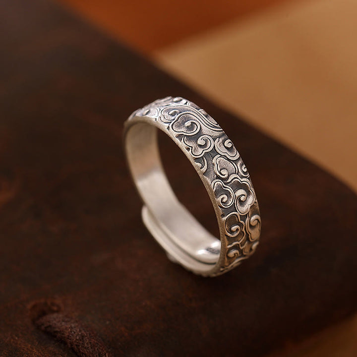 Anello di illuminazione inciso con Buddha Stones in argento sterling 999, fiore di loto, fiore di prugna, nuvole di buon auspicio
