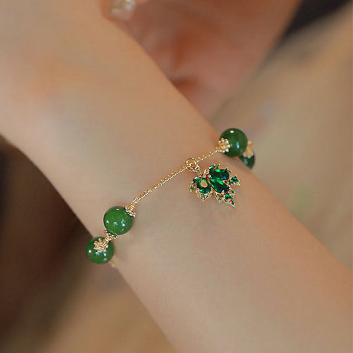 Bracciale Buddha Stones placcato oro 14k calcedonio verde foglia d'acero coraggio forza