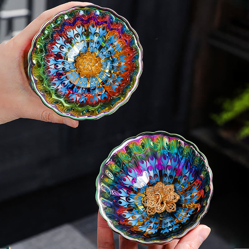 Buddha Stones Pavone vivido Loto intarsiato Design colorato Tazza da tè in ceramica cinese Jianzhan Tazza da tè Kung Fu