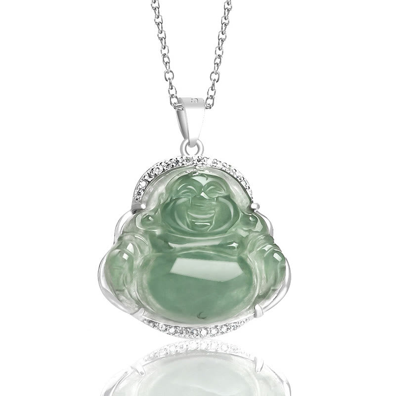 Collana con Buddha Stones in argento sterling 925 con ciondolo a forma di Buddha che ride, giada naturale, fortuna e prosperità - image 2