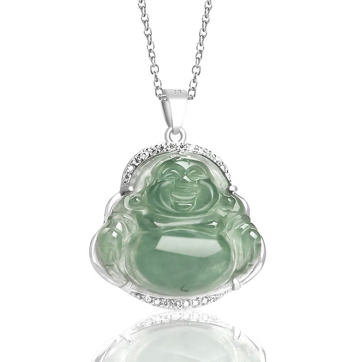 Collana con Buddha Stones in argento sterling 925 con ciondolo a forma di Buddha che ride, giada naturale, fortuna e prosperità - image 2