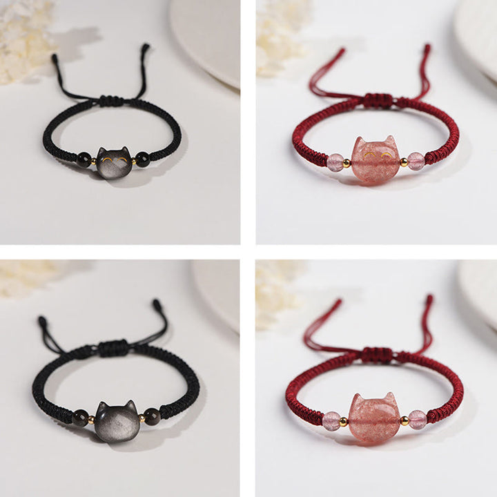 Braccialetto intrecciato con protezione per gatti carino, in ossidiana lucida d'argento naturale fatto a mano, al quarzo fragola, Buddha Stones - image 14