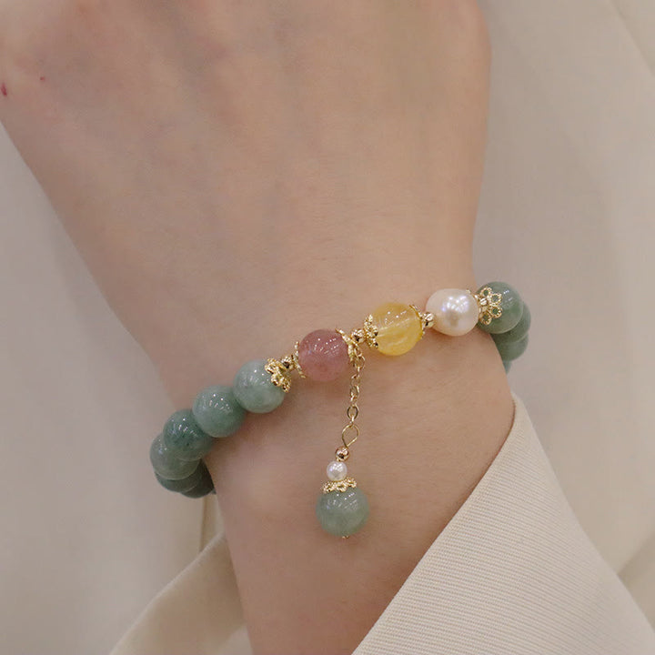 Braccialetto con ciondolo di perle di giada e quarzo fragola, Buddha Stones , abbondanza e fortuna