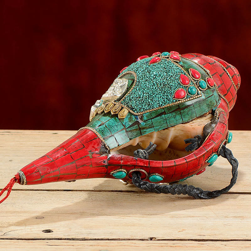 Shankha tibetano fatto a mano Om Mani Padme Hum Buddha Avalokitesvara Turchese Conchiglia Decorazione positiva - image 3