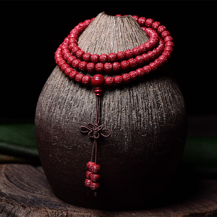 Buddha Stones 108 Mala Beads Cinnabar Om Mani Padme Hum Pattern Braccialetto di benedizione inciso - image 12