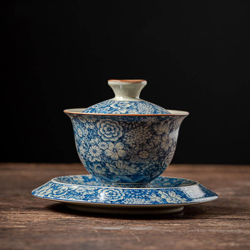 Buddha Stones Vintage Blu e Bianco Porcellana Fiore di Pesco Loto Peonia Ceramica Gaiwan Sancai Tazza da Tè Kung Fu Tazza da Tè e Piattino con Coperchio - 10 cm * 11 cm * 160 ml (Piattino 15,3 cm) - image 10