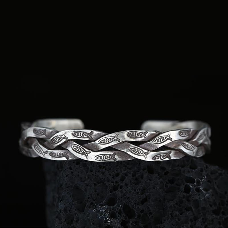 Bracciale rigido con Buddha Stones pesce koi con design intrecciato, fortuna e ricchezza