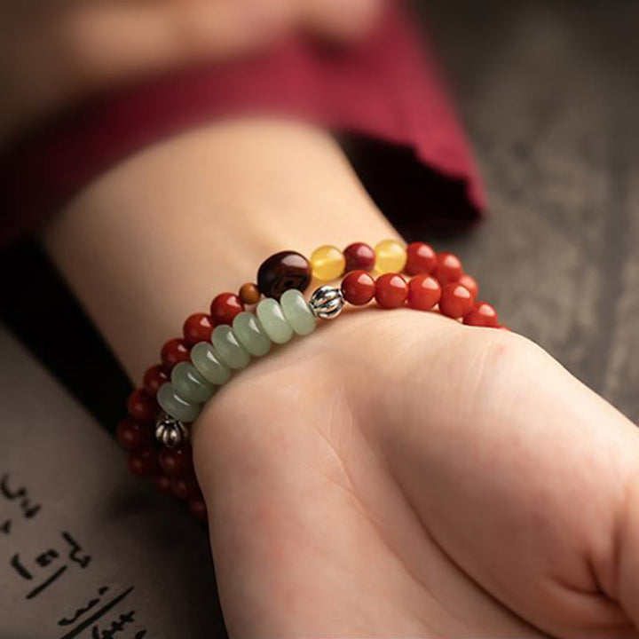 Buddha Stones Zodiaco cinese Buddha natale Agata rossa Piccola foglia Sandalo rosso Cinabro Amuleto Benedizione Bracciale a doppio giro