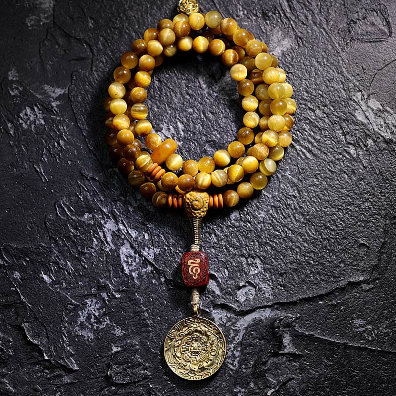 Buddha Stones 108 Mala Beads Natural Tiger Eye Rame Dorje Protezione Nappa Bracciale