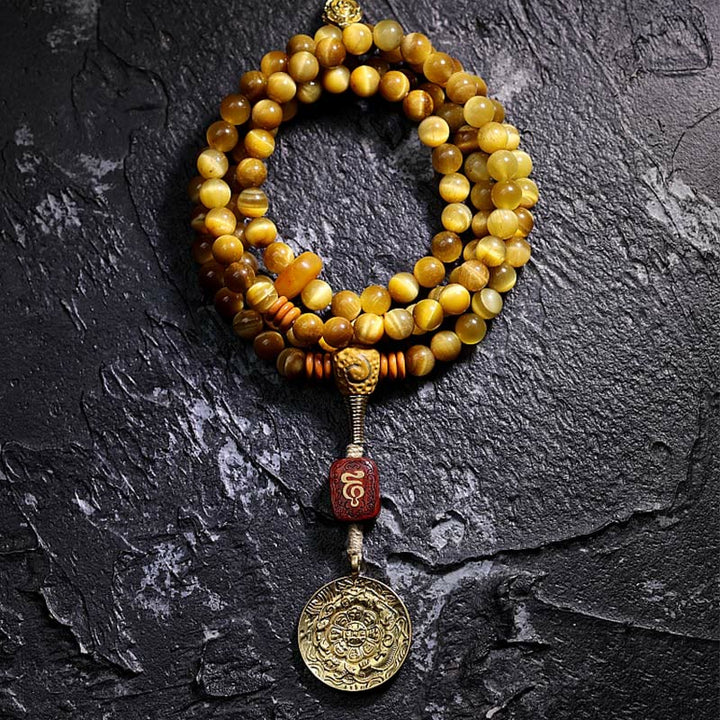 Buddha Stones 108 Mala Beads Natural Tiger Eye Rame Dorje Protezione Nappa Bracciale