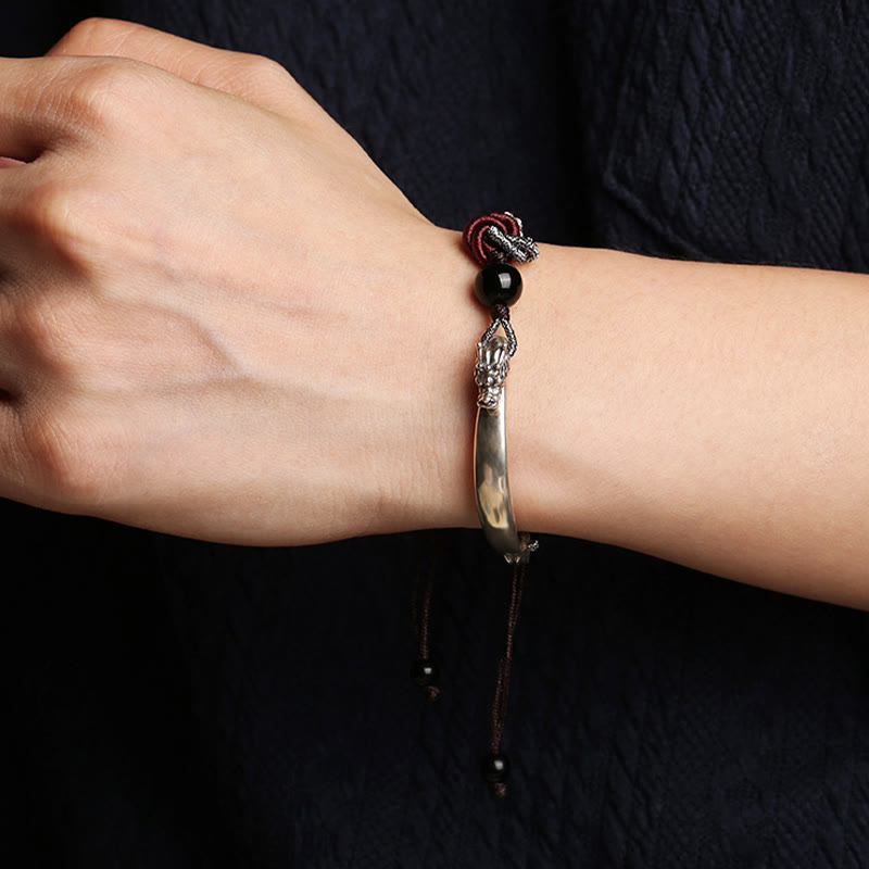 Bracciale intrecciato a mano in argento sterling 925 con drago di buon auspicio Buddha Stones