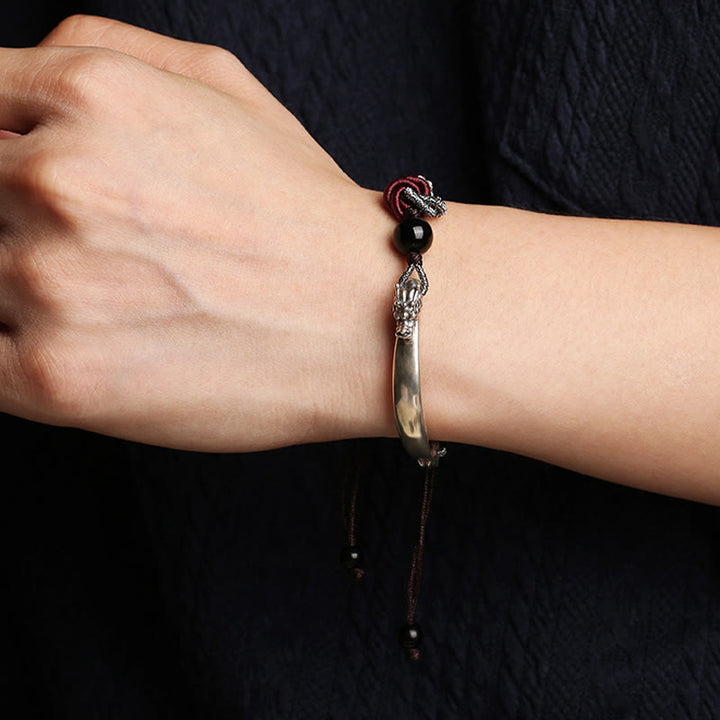 Bracciale intrecciato a mano in argento sterling 925 con drago di buon auspicio Buddha Stones