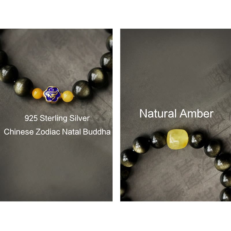 Bracciale Buddha Stones 925 Sterling Silver Zodiaco Cinese Buddha Natale Naturale Oro Lucentezza Ossidiana Ambra Protezione Ricchezza - image 19
