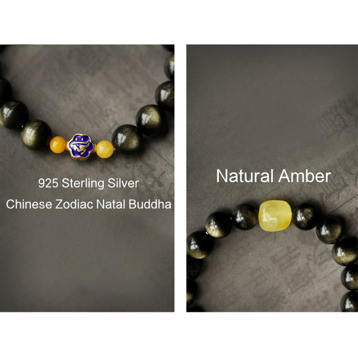 Bracciale Buddha Stones 925 Sterling Silver Zodiaco Cinese Buddha Natale Naturale Oro Lucentezza Ossidiana Ambra Protezione Ricchezza - image 19
