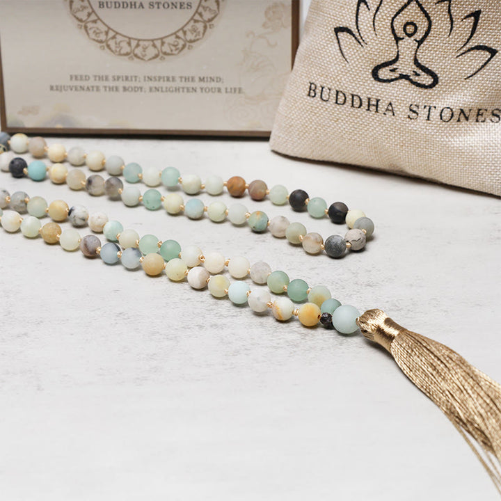 Braccialetto Mala con nappa in perle di amazzonite Buddha Stones 108