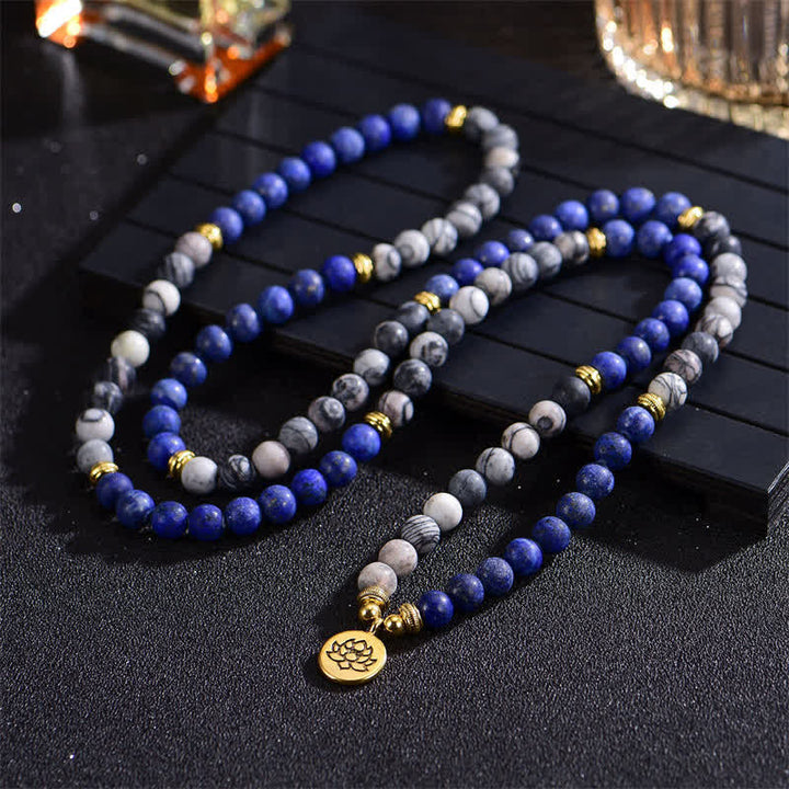 Buddha Stones Lazurite Picasso Jasper Amazzonite Rodonite Apatite Braccialetto di perline di preghiera di loto positivo