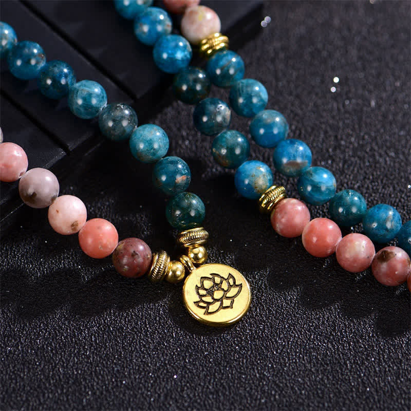 Buddha Stones Lazurite Picasso Jasper Amazzonite Rodonite Apatite Braccialetto di perline di preghiera di loto positivo