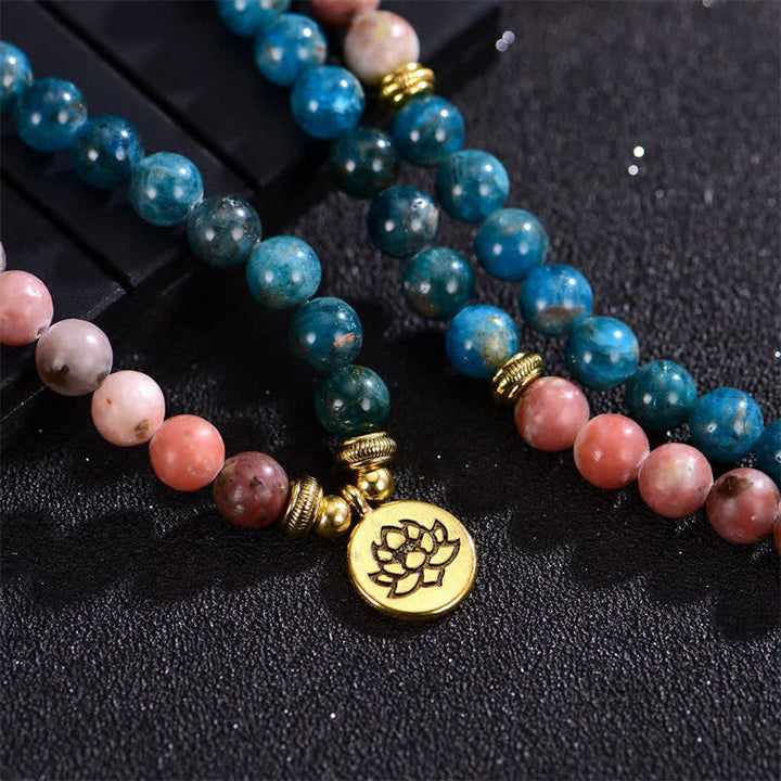 Buddha Stones Lazurite Picasso Jasper Amazzonite Rodonite Apatite Braccialetto di perline di preghiera di loto positivo