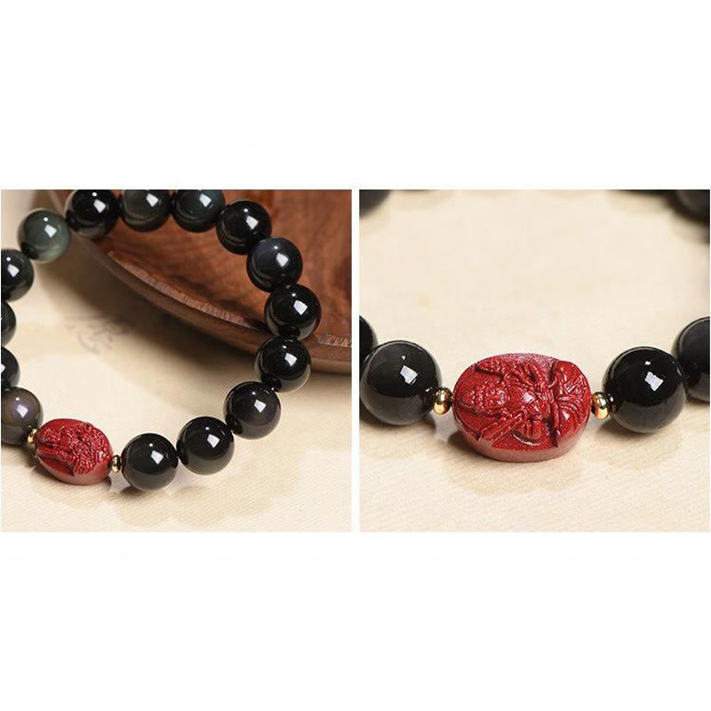 Buddha Stones Zodiaco cinese Buddha natale Ossidiana nera naturale Braccialetto di purificazione Cinabro