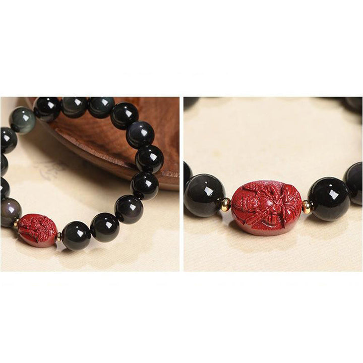 Buddha Stones Zodiaco cinese Buddha natale Ossidiana nera naturale Braccialetto di purificazione Cinabro