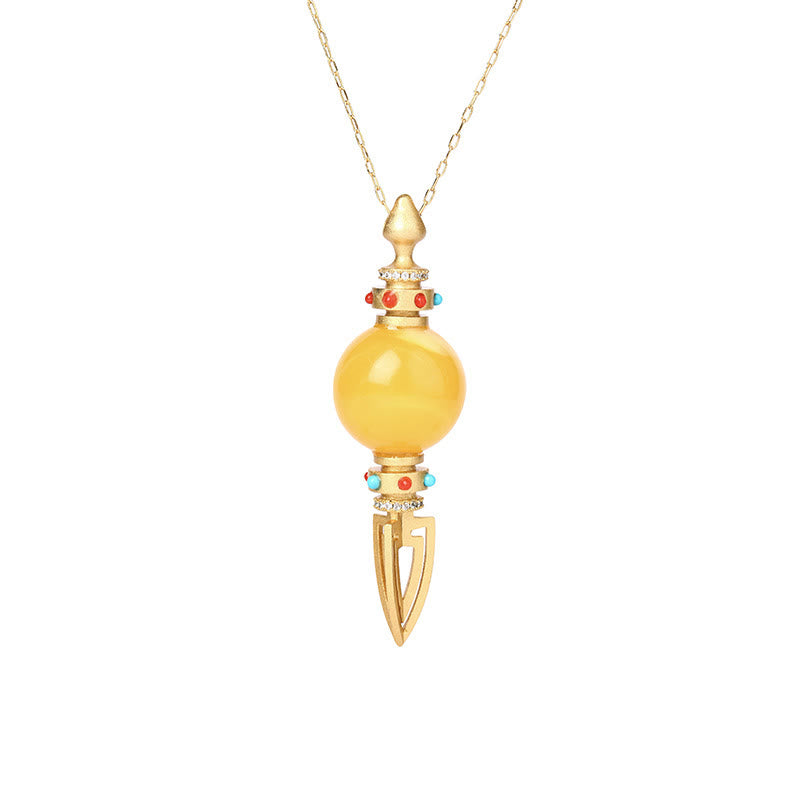 Collana con ciondolo ansia trasparente Dorje Vajra in ambra placcata oro 24K