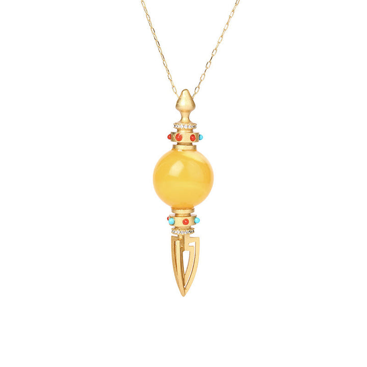 Collana con ciondolo ansia trasparente Dorje Vajra in ambra placcata oro 24K