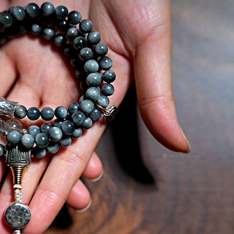 Buddha Stones Argento Sterling 925 108 Perline Mala Pietra Occhio d'Aquila Pietra di Luna Braccialetto Positivo
