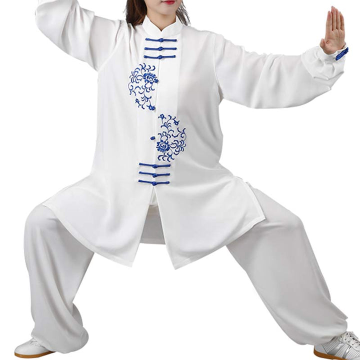 Buddha Stones Fiore Ricamo Meditazione Preghiera Spirituale Zen Tai Chi Qigong Pratica Set di Abbigliamento Unisex