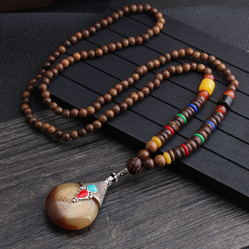 Buddha Stones Tibetano Legno Wenge Bodhi Seme Agata Equilibrio Pace Collana Pendente