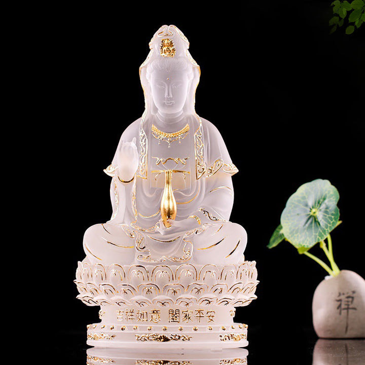 Buddha Stones Kwan Yin Avalokitesvara Figurina fatta a mano Liuli Cristallo Pezzo d'arte Statua della ricchezza Offerta per la casa Decorazione