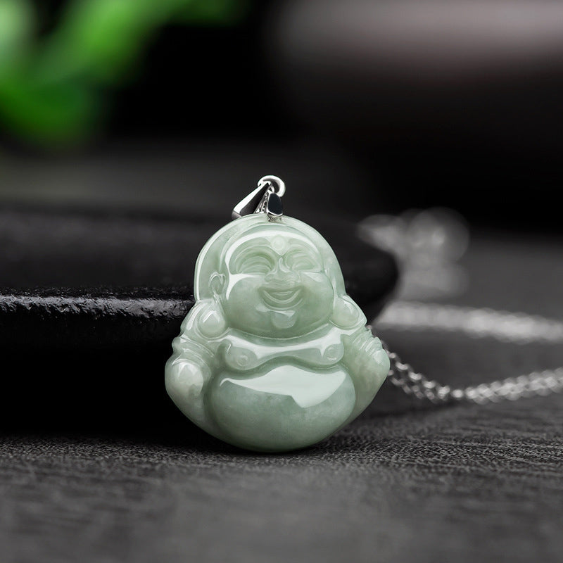 Collana con ciondolo in acciaio al titanio e catena di giada con Buddha che ride, Buddha Stones - image 1