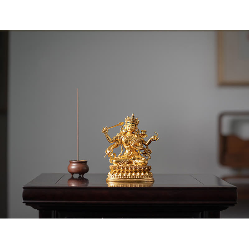 Statua in rame della compassione e serenità del Bodhisattva Manjusri a quattro braccia, statuetta in oro, decorazione per la casa