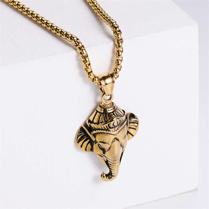 Collana con ciondolo di protezione in acciaio al titanio con elefante Ganesh Ganpati - Oro - image 1
