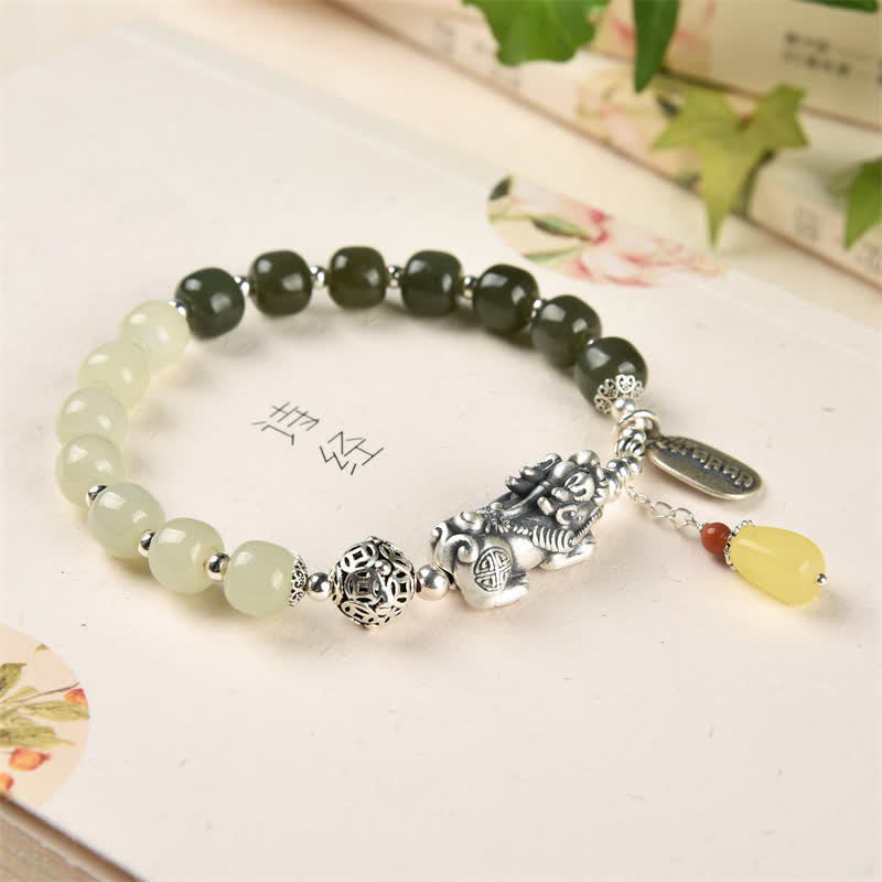 Braccialetto della fortuna PiXiu in argento sterling 925 Buddha Stones e giada naturale di Hetian e ambra