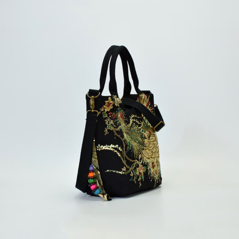 Borsa a tracolla con ricamo a doppia faccia con Buddha Stones e pavone