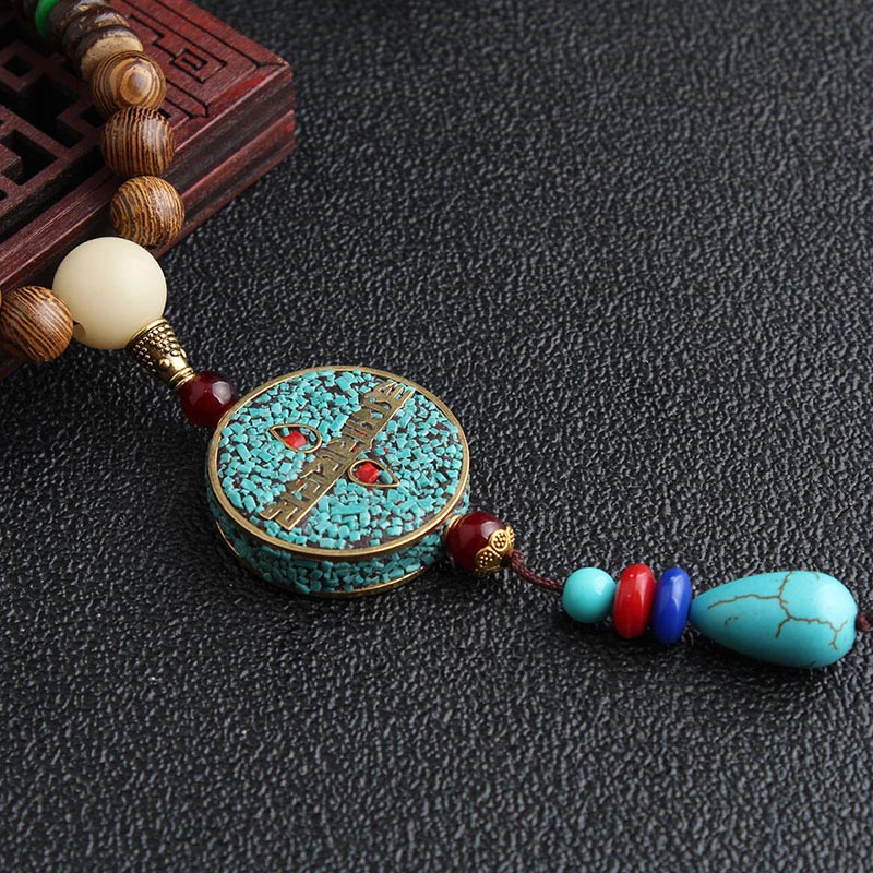 Collana di meditazione in legno di wenge con perline di Dzi in turchese Buddha Stones