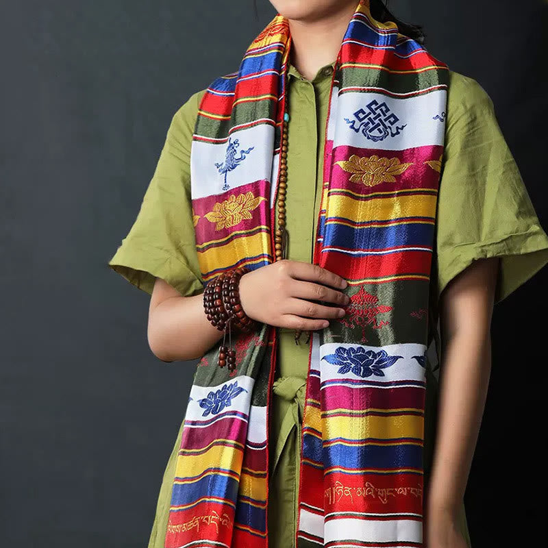 Decorazione Khata in jacquard multicolore con mantra di loto e benedizione fortunata tibetana - Khata multicolore 260*55cm - image 0