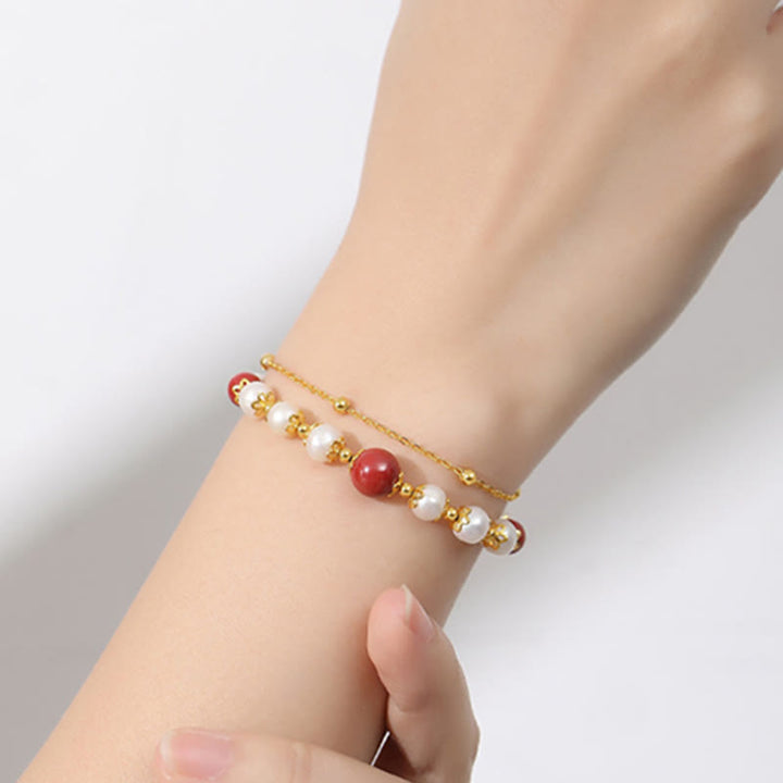 Bracciale a catena a doppio strato con perle di cinabro e argento sterling 925 Buddha Stones